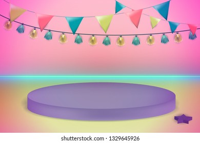 Creative colorful banner, background and cover. Party, weekends, holidays. Garlands, glow, neon, decorations, podium. Aesthetics composition, Pastel shades and Atmospheric lighting. Eps10 Vector.