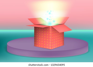 Creative colorful banner, background and cover. Opening gift box, Surprise. Glow, neon, decorations. Aesthetics composition, Pastel shades and Atmospheric lighting. Eps10 Vector. 