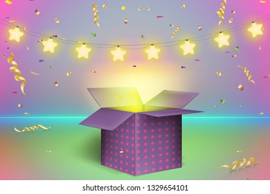 Creative colorful banner, background and cover. Opening gift box, Surprise. Glow, neon, decorations, confetti, golden ribbon. Aesthetics composition, Pastel shades and Atmospheric lighting. Eps10 Vect