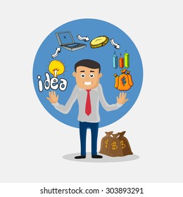 Elementos de infografía creativa y colorida de negocios con la ilustración de un joven empresario y bolsas de dinero.