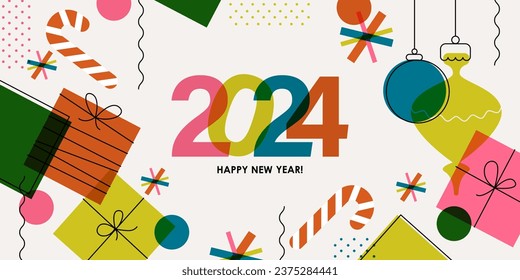 Creative colorful card, flyer, poster for 2024 New Year. Numbers design. Modern minimal flat style. Festive print design.