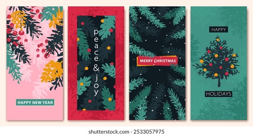 Creative colorful card, flyer, poster for 2025 New Year. Christmas greetings. Web banner design. Modern minimal flat style. Bright colors. Hand drawn style with texture. Winter plants.