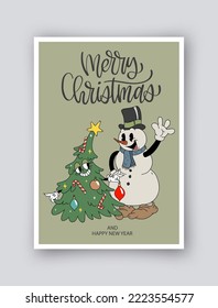 Creative colorful Christmas card for 2022 New Year in cartoon retro style. Christmas greetings. Modern minimal flat style. Hand drawn celebration banner