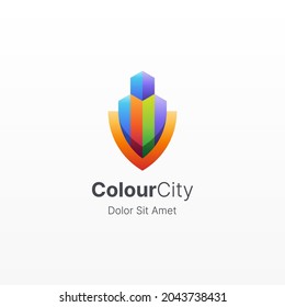 Creative colorful city with shield protection logo