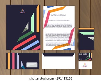 Creative colorful corporate identity with triangle logo design template. Trendy stationery business concept. Vector illustration.