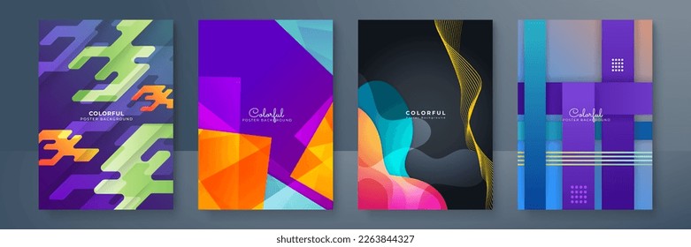 Creative colorful covers or posters set in trendy minimal gradient geometric style for background, corporate identity, branding, social media advertising, promo. Modern template with dynamic shapes