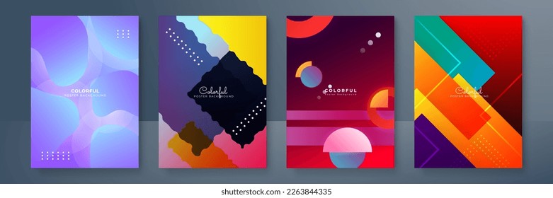 Fundas o afiches creativos coloridos, ambientados en un estilo geométrico de degradado mínimo a la moda para el fondo, identidad corporativa, marca, publicidad en medios sociales, promoción. Plantilla moderna con formas dinámicas