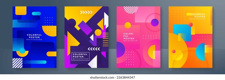 Creative colorful covers or posters set in trendy minimal gradient geometric style for background, corporate identity, branding, social media advertising, promo. Modern template with dynamic shapes