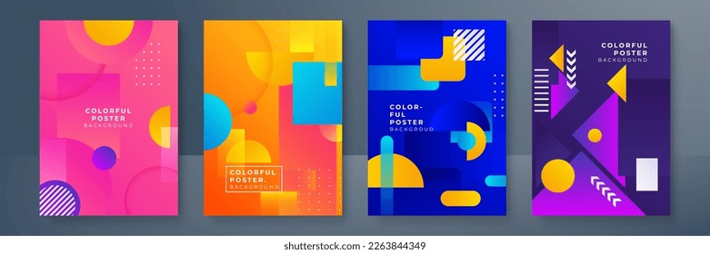 Creative colorful covers or posters set in trendy minimal gradient geometric style for background, corporate identity, branding, social media advertising, promo. Modern template with dynamic shapes