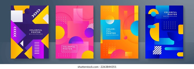 Creative colorful covers or posters set in trendy minimal gradient geometric style for background, corporate identity, branding, social media advertising, promo. Modern template with dynamic shapes