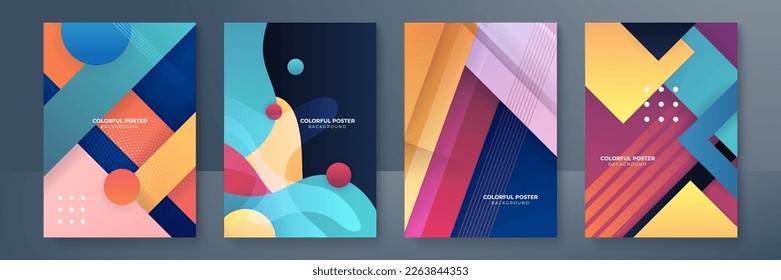 Creative colorful covers or posters set in trendy minimal gradient geometric style for background, corporate identity, branding, social media advertising, promo. Modern template with dynamic shapes