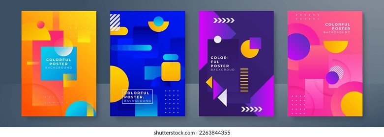 Creative colorful covers or posters set in trendy minimal gradient geometric style for background, corporate identity, branding, social media advertising, promo. Modern template with dynamic shapes