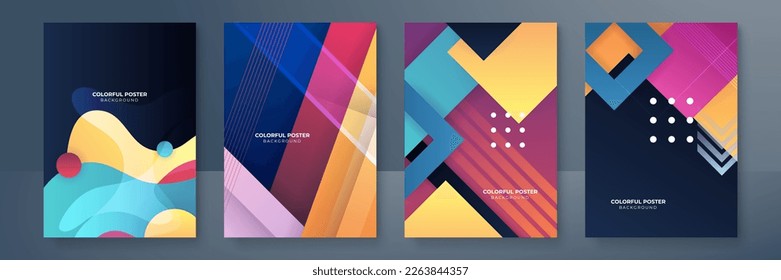 Creative colorful covers or posters set in trendy minimal gradient geometric style for background, corporate identity, branding, social media advertising, promo. Modern template with dynamic shapes