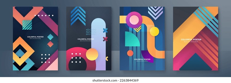 Creative colorful covers or posters set in trendy minimal gradient geometric style for background, corporate identity, branding, social media advertising, promo. Modern template with dynamic shapes