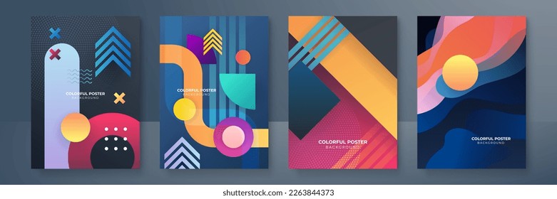 Fundas o afiches creativos coloridos, ambientados en un estilo geométrico de degradado mínimo a la moda para el fondo, identidad corporativa, marca, publicidad en medios sociales, promoción. Plantilla moderna con formas dinámicas
