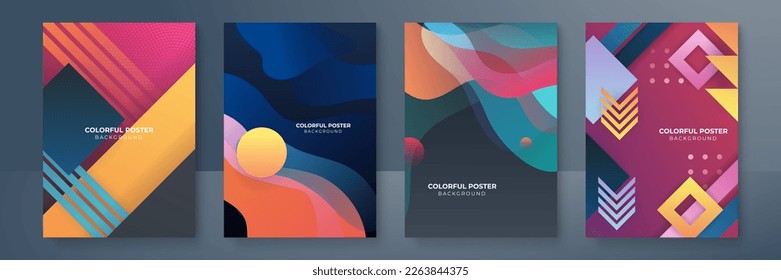 Fundas o afiches creativos coloridos, ambientados en un estilo geométrico de degradado mínimo a la moda para el fondo, identidad corporativa, marca, publicidad en medios sociales, promoción. Plantilla moderna con formas dinámicas