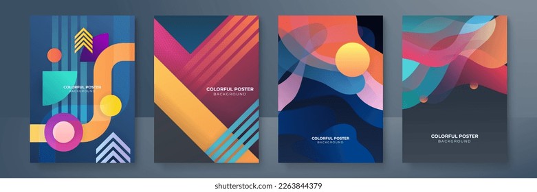 Creative colorful covers or posters set in trendy minimal gradient geometric style for background, corporate identity, branding, social media advertising, promo. Modern template with dynamic shapes