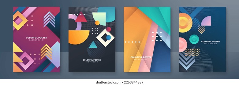 Creative colorful covers or posters set in trendy minimal gradient geometric style for background, corporate identity, branding, social media advertising, promo. Modern template with dynamic shapes