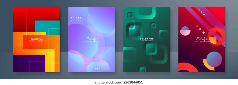 Creative colorful covers or posters set in trendy minimal gradient geometric style for background, corporate identity, branding, social media advertising, promo. Modern template with dynamic shapes
