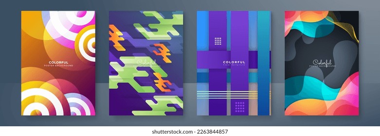 Fundas o afiches creativos coloridos, ambientados en un estilo geométrico de degradado mínimo a la moda para el fondo, identidad corporativa, marca, publicidad en medios sociales, promoción. Plantilla moderna con formas dinámicas