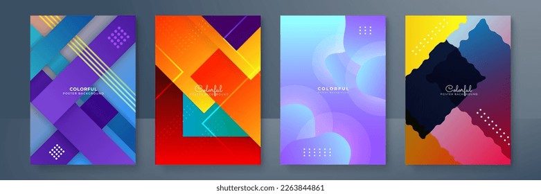 Creative colorful covers or posters set in trendy minimal gradient geometric style for background, corporate identity, branding, social media advertising, promo. Modern template with dynamic shapes