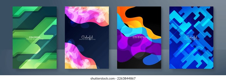 Fundas o afiches creativos coloridos, ambientados en un estilo geométrico de degradado mínimo a la moda para el fondo, identidad corporativa, marca, publicidad en medios sociales, promoción. Plantilla moderna con formas dinámicas
