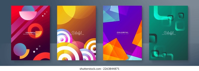 Creative colorful covers or posters set in trendy minimal gradient geometric style for background, corporate identity, branding, social media advertising, promo. Modern template with dynamic shapes