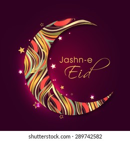 Creative colorful crescent moon with stars on shiny purple background for Muslim community festival, Jashn-E-Eid celebration.
