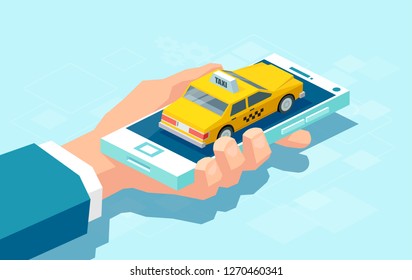 Creative colorful design in isometry of crop man holding smartphone with taxi car for service app