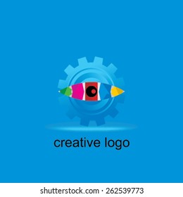 creative colorful eye with gear over blue background logo concept 