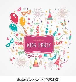 Creative colorful festive Background decorated with balloons, confetti and other elements for Kids Party, Birthday Party celebration. Stylish Poster, Banner or Flyer design.