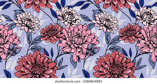 Creative colorful floral stem with flowers and leaves seamless pattern on a blue background. Vector hand drawn. Template for design, textile, fashion, print, surface design, paper, cover, fabric