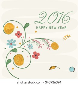 Creative colorful flowers decorated greeting card design for Happy New Year 2016 celebration.