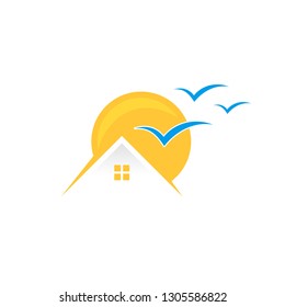 Creative, colorful and fun home sun with blue bird isolated summer icon design. Tropical home icon vector isolated sign symbol. Vector illustration EPS.8 EPS.10