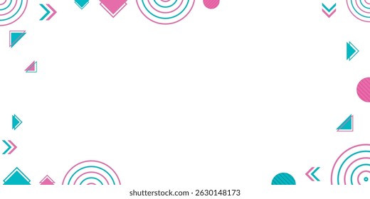 A creative and colorful geometric background featuring circles, arrows, and abstract shapes in pink and teal, evoking a modern and playful design aesthetic suitable for versatile graphic design
