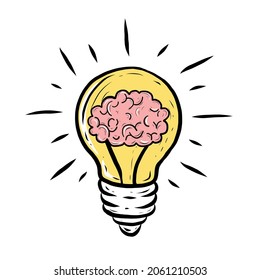 Creative Colorful Hand Drawn Design of Brain inside Light Bulb. Think and Idea Concept retro style vector bulb illustration. Isolated on White Background. 