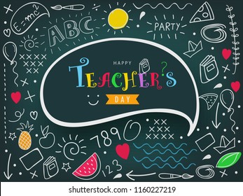 Creative Colorful Hand Drawn Doodle Set of Objects on Dark Background for Happy Teacher's Day Celebration.