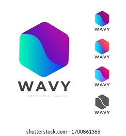 Creative Colorful Hexagon Logo with Wave Shape Inside Vector EPS 10 Template with Multiple Color Variation and Grayscale Version