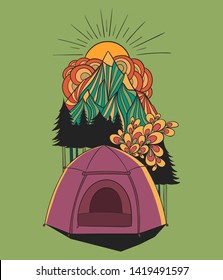 Creative colorful illustration of camping tent in a forest with mountains. Doodle outdoor tourism art. Camping emblem.