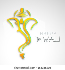 Creative colorful illustration of Hindu mythology Lord Ganesha on abstract grey background for celebration of Indian festival of lights, Happy Diwali. 