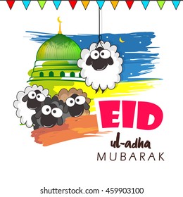 Creative and Colorful Illustration with Sheeps, Mosque Dome and stylish text on decorative grungy background for Happy Bakra Eid.
