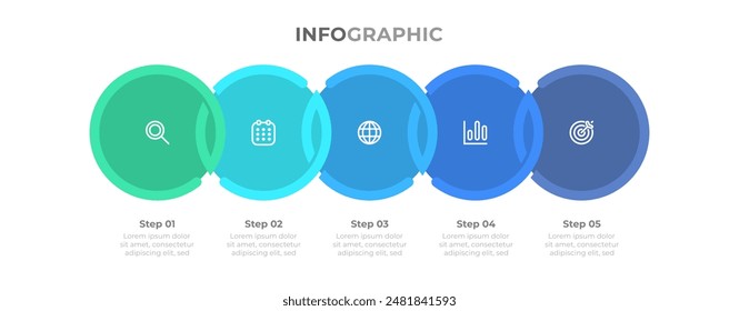 Creative colorful infographic template with marketing icons and 5 steps or options. Can be used for workflow diagrams, info charts, and annual reports. Vector illustration.