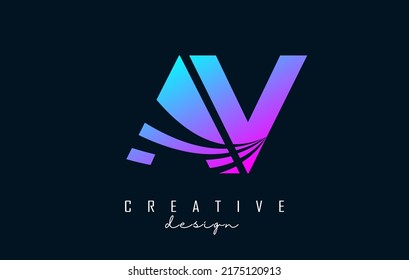 Letra creativa colorida AV A logotipo con líneas principales y diseño de concepto de carretera. Cartas con diseño geométrico. Ilustración vectorial con letras y líneas y cortes creativos.