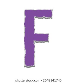 Letra criativa e colorida F em estilo de papel rasgado no fundo branco. Vetor EPS perfeito para cartazes, projetos infantis, scrapbooking, notas de resgate, visuais educacionais e projetos digitais. 
