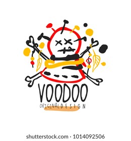 Creative colorful logo template with abstract head with needles for Voodoo magic shop. Spiritual or vodun magic concept. Hand drawn flat vector illustration