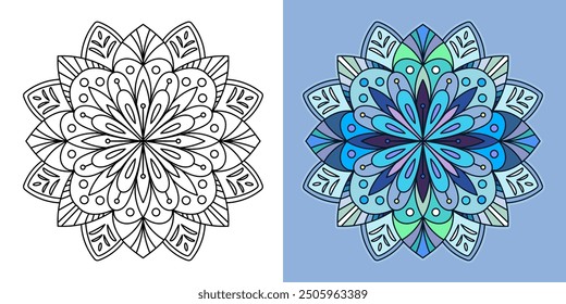 Creative colorful mandala, simple outline design perfect for relaxing coloring book, stickers, patterns, yoga, planners, calendars. Bohemian mandala design