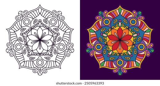 Creative colorful mandala, simple outline design perfect for relaxing coloring book, stickers, patterns, yoga, planners, calendars. Bohemian mandala design