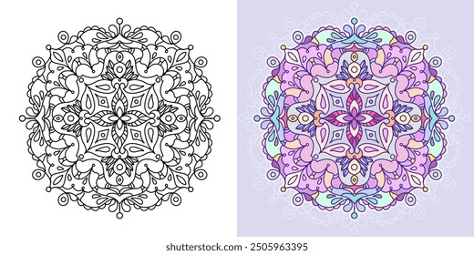Creative colorful mandala, simple outline design perfect for relaxing coloring book, stickers, patterns, yoga, planners, calendars. Bohemian mandala design