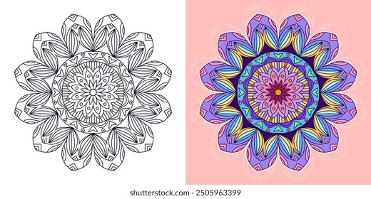 Creative colorful mandala, simple outline design perfect for relaxing coloring book, stickers, patterns, yoga, planners, calendars. Bohemian mandala design