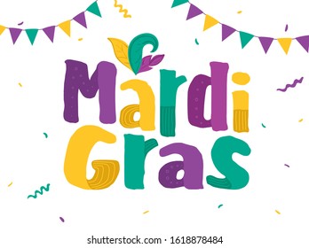 Kreativer, bunter Mardi Gras Text mit Federn und Jagdflagge dekorierter weißer Hintergrund.